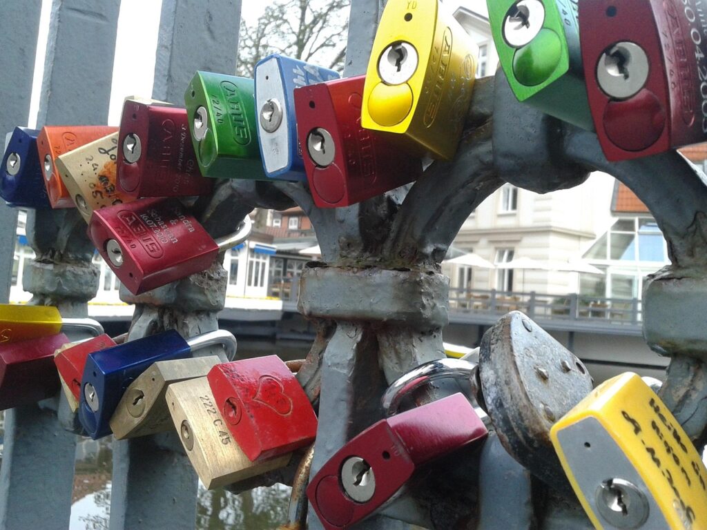 padlocked, love lock, fence, padlocks