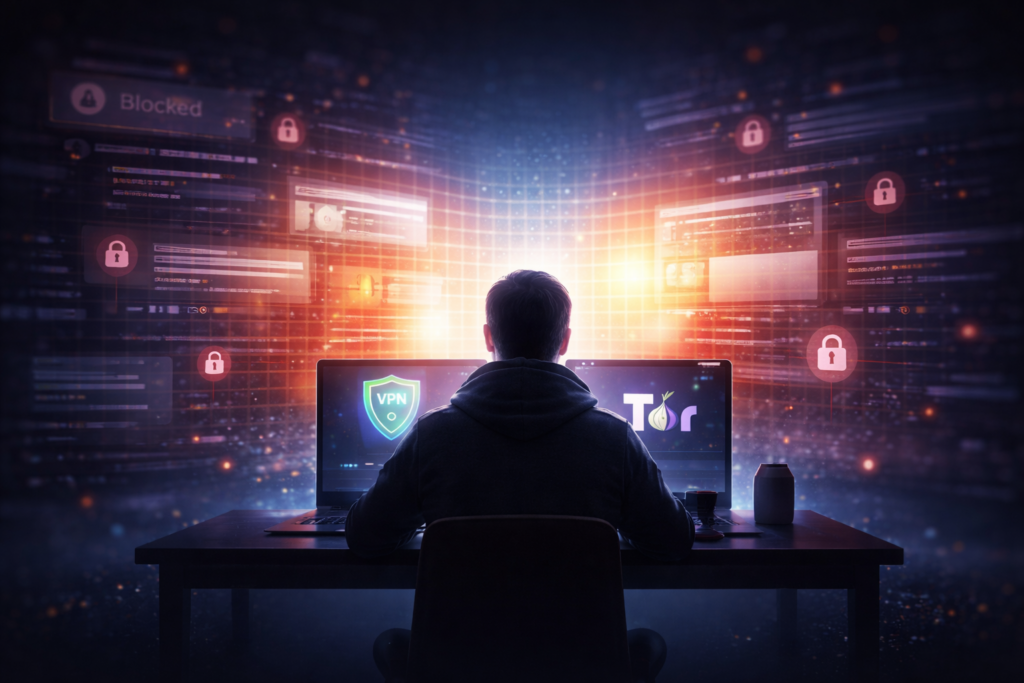 Online censorship and internet freedom concept with user bypassing restrictions using VPN and Tor