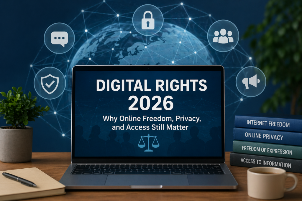 Digital rights 2026 illustration showing online privacy, internet freedom and data protection