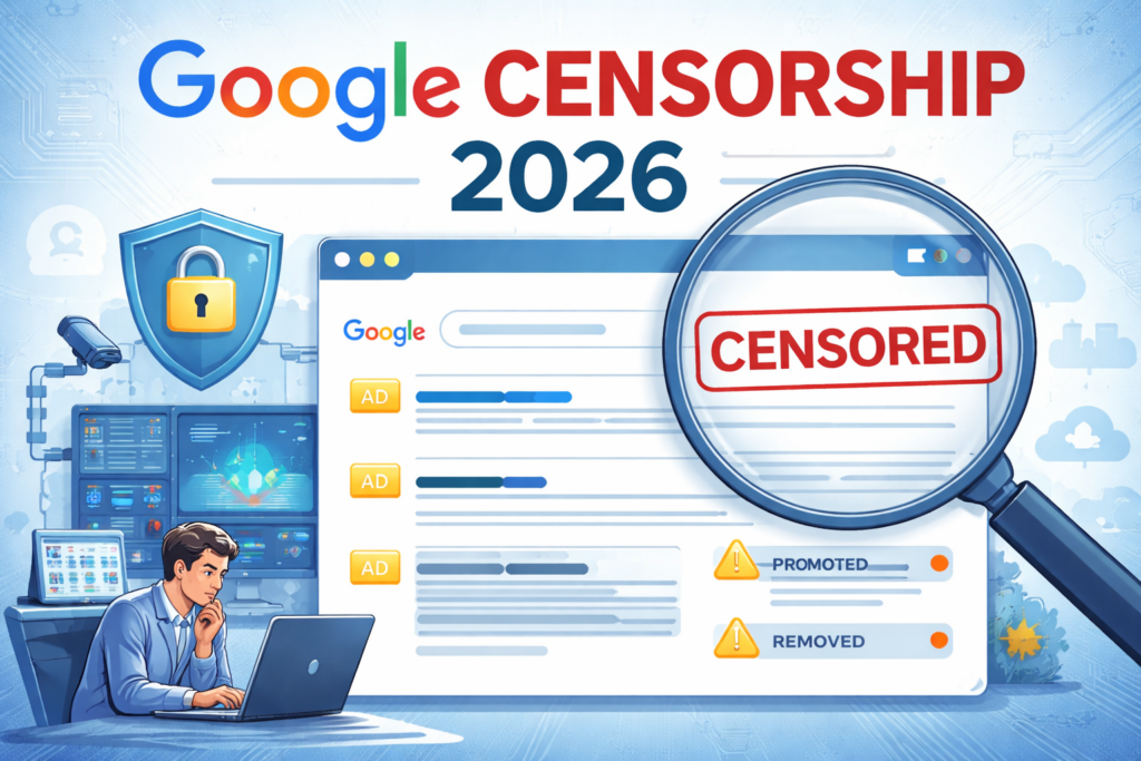 Google censorship 2026 search results filtering concept