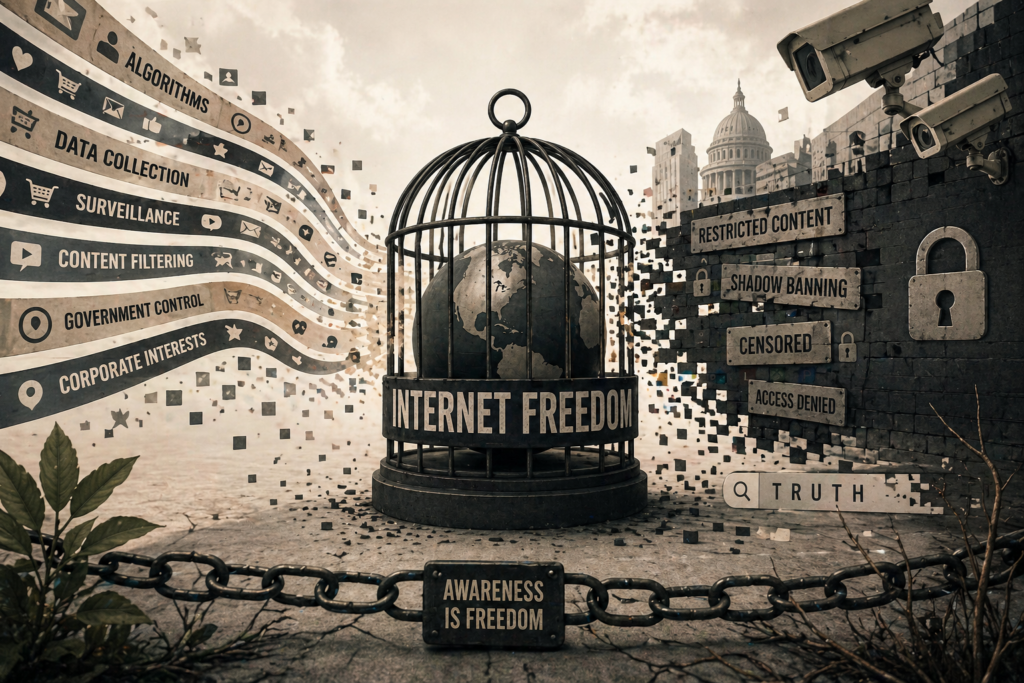 internet freedom concept showing censorship control algorithms and restricted online content