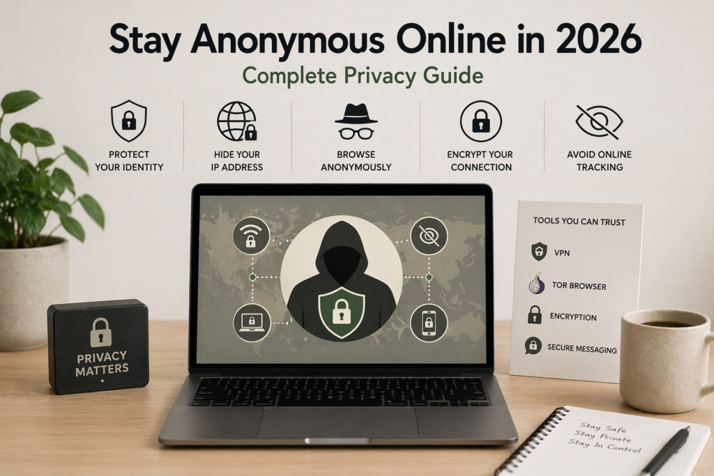 Stay anonymous online 2026 guide showing privacy tools like VPN, Tor browser and secure browsing setup