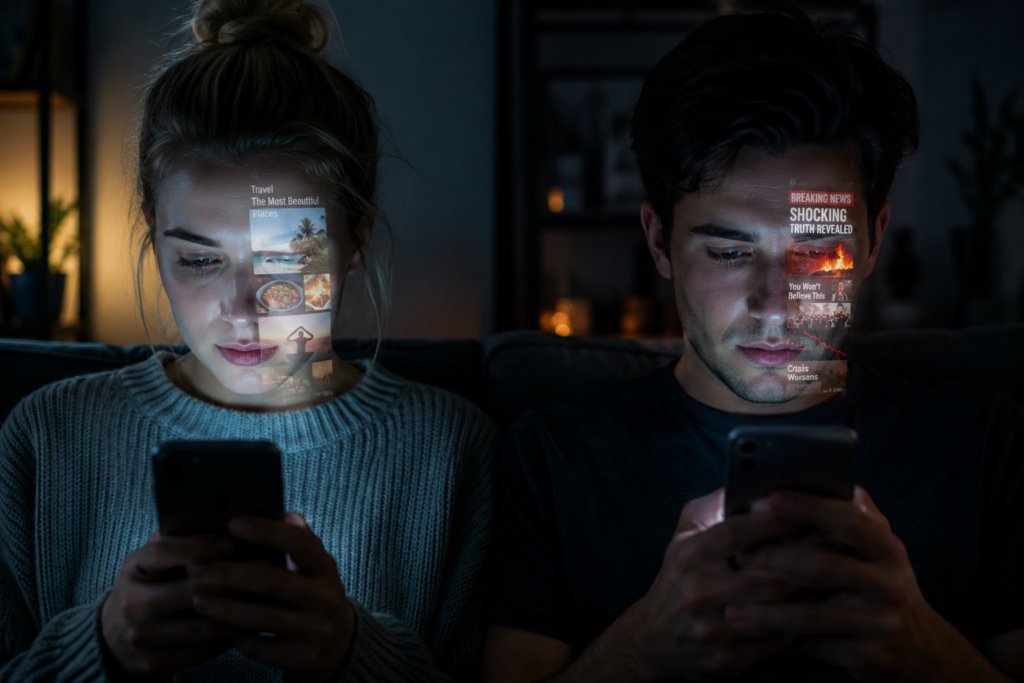 Two people sitting side by side while seeing completely different social media feeds and online realities.