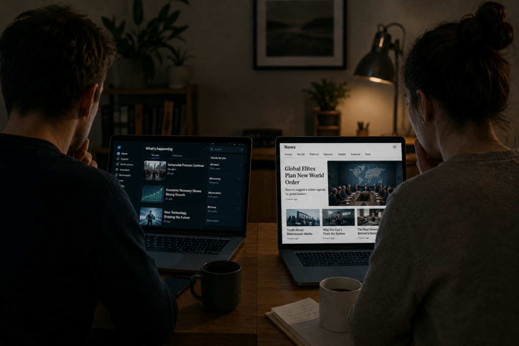 Two people sitting at laptops seeing completely different online information and news feeds due to personalized internet algorithms.