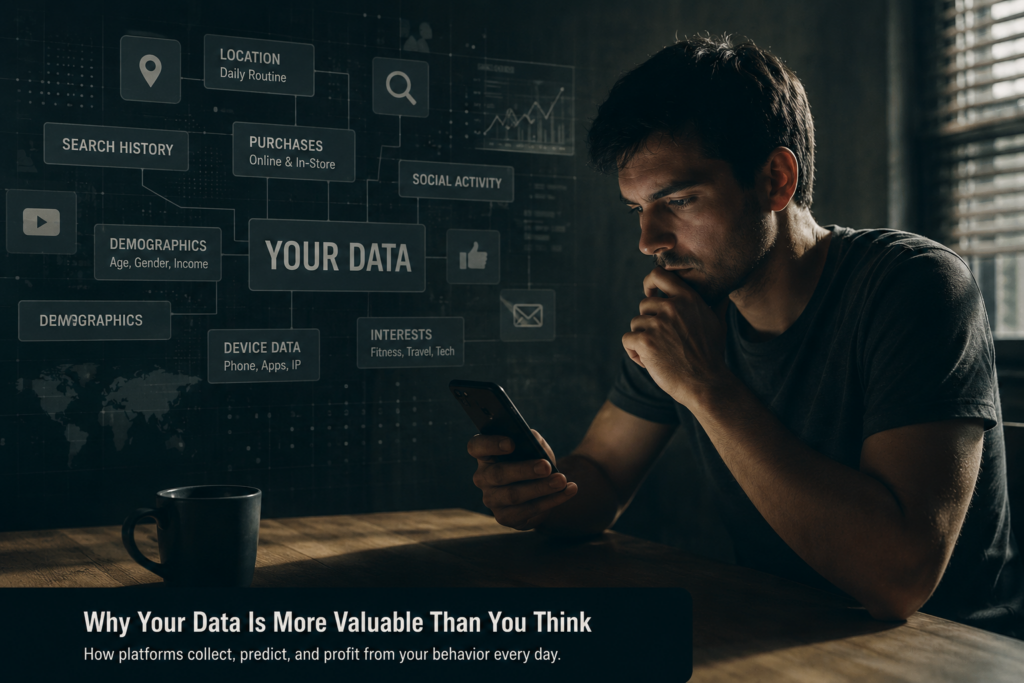 Person looking at a smartphone surrounded by digital data and tracking systems